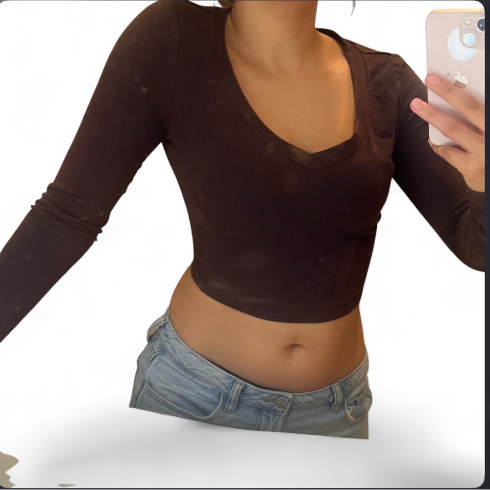 Women's Brown V-Neck Long Sleeve Crop Top